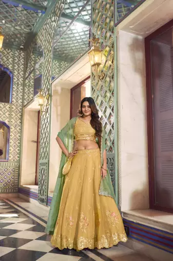 yellow silk blend embroidered lehenga choli