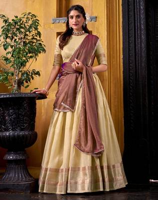 cream zari work art silk lehenga choli 1