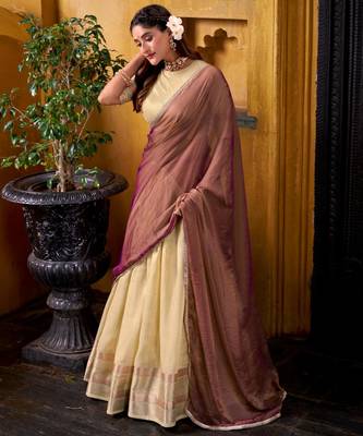 cream zari work art silk lehenga choli 3