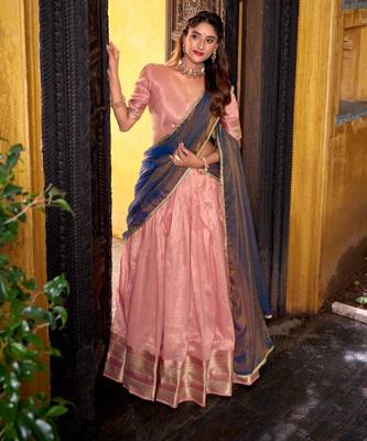 peach zari work art silk lehenga choli 2