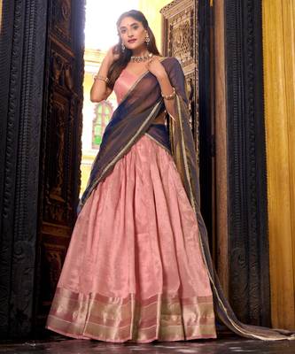 peach zari work art silk lehenga choli 3