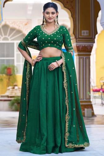 green silk blend plain lehenga choli