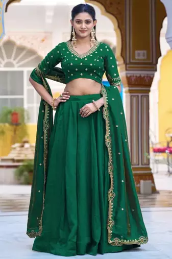 green silk blend plain lehenga choli