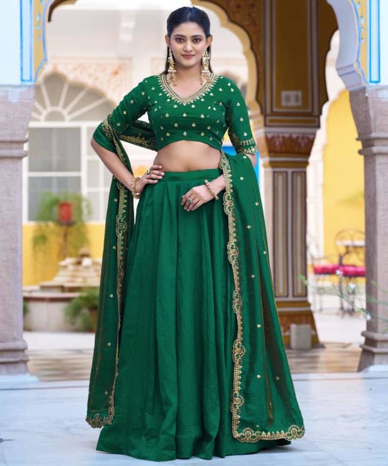 green silk blend plain lehenga choli
