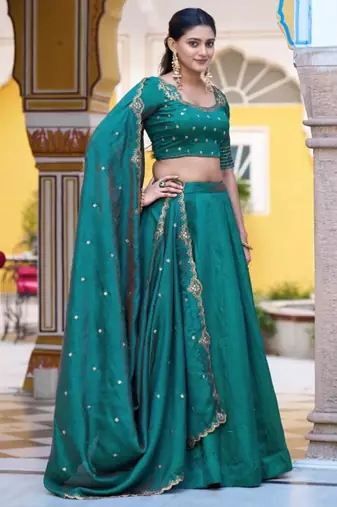 teal silk blend plain lehenga choli