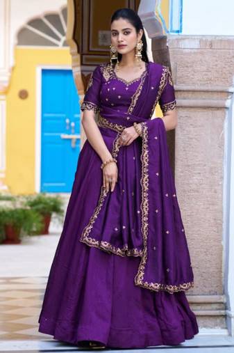 purple silk blend plain lehenga choli