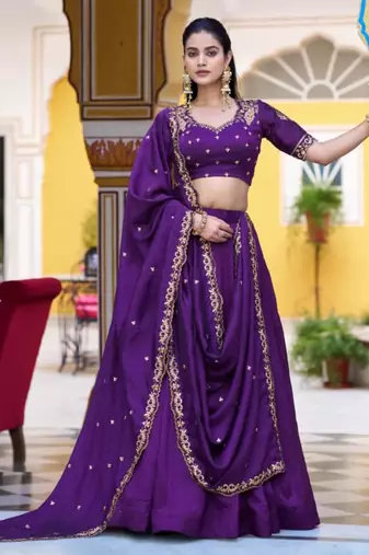 purple silk blend plain lehenga choli