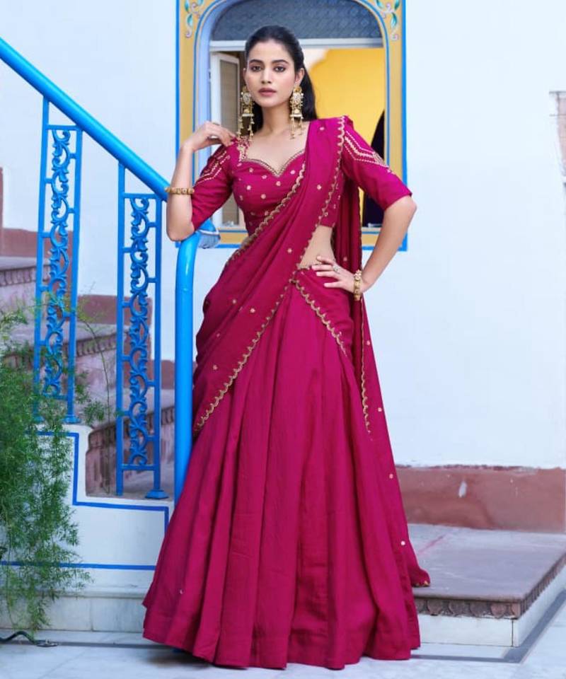 magenta silk blend plain lehenga choli