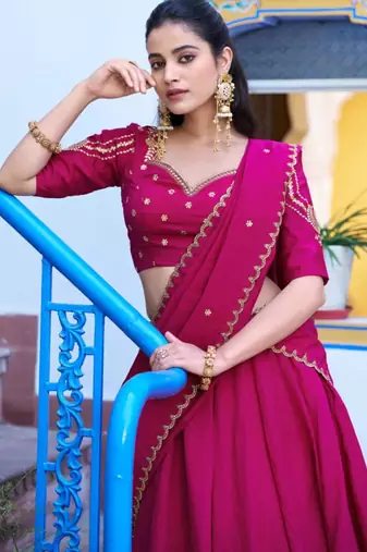 magenta silk blend plain lehenga choli