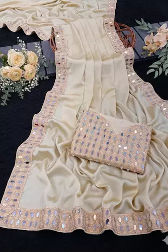 beige satin saree with mirror embroidery border