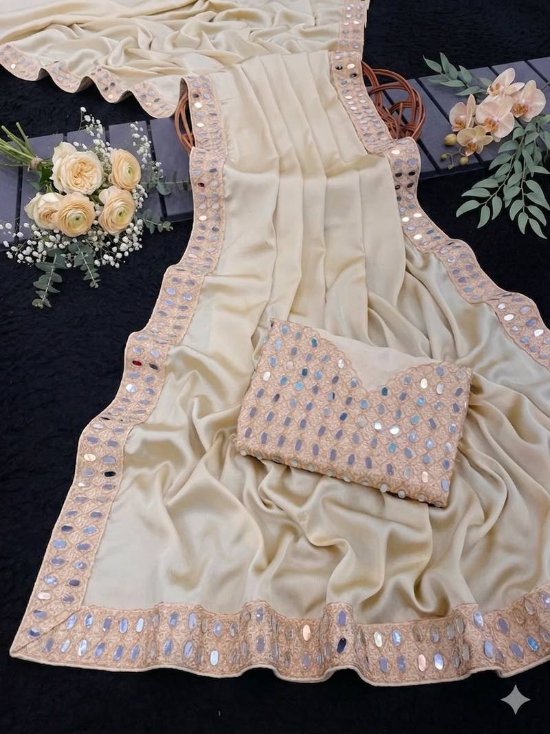 beige satin saree with mirror embroidery border