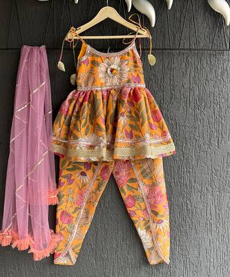 Orange printed cotton kurta set 1