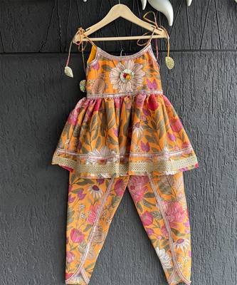 Orange printed cotton kurta set 3