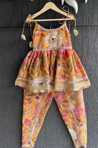 Orange printed cotton kurta set