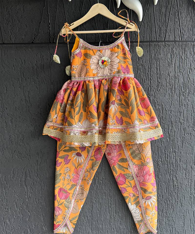 Orange printed cotton kurta set