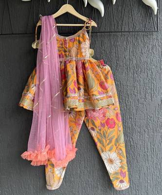 Orange printed cotton kurta set 4