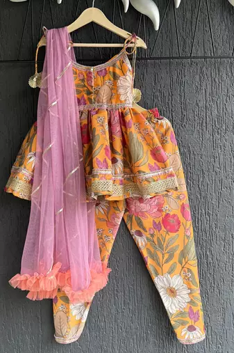Orange printed cotton kurta set
