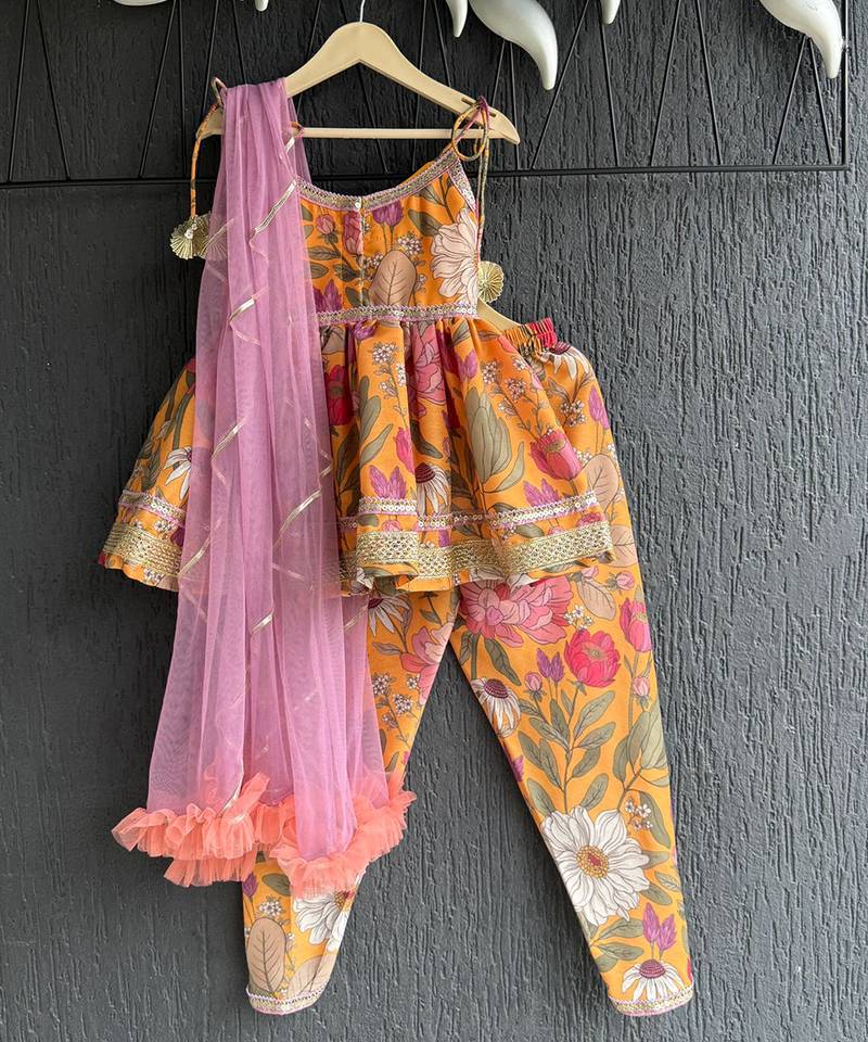 Orange printed cotton kurta set