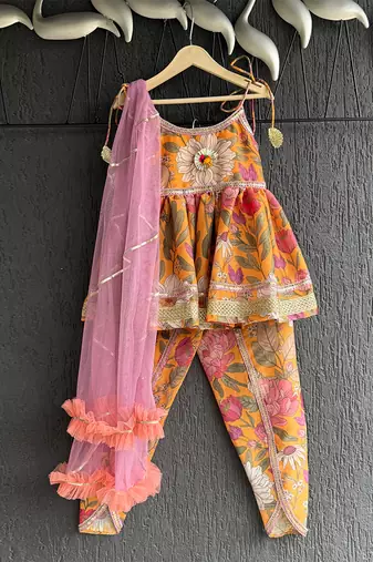 Orange printed cotton kurta set