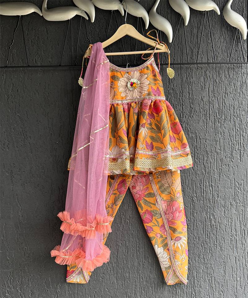 Orange printed cotton kurta set