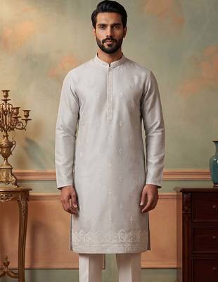Mens silk blend silver solid embroidered calf length straight kurta 2