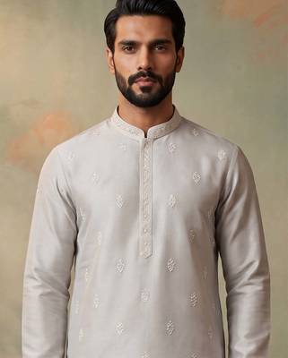 Mens silk blend silver solid embroidered calf length straight kurta 3