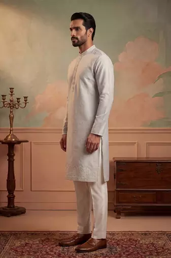 Mens silk blend silver solid embroidered calf length straight kurta