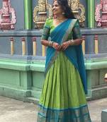 Parrot Green & Rama Blue Kanci Cotton Half Blend Lehenga Saree – Traditional Zari Weaving Langa Voni Set For Women's