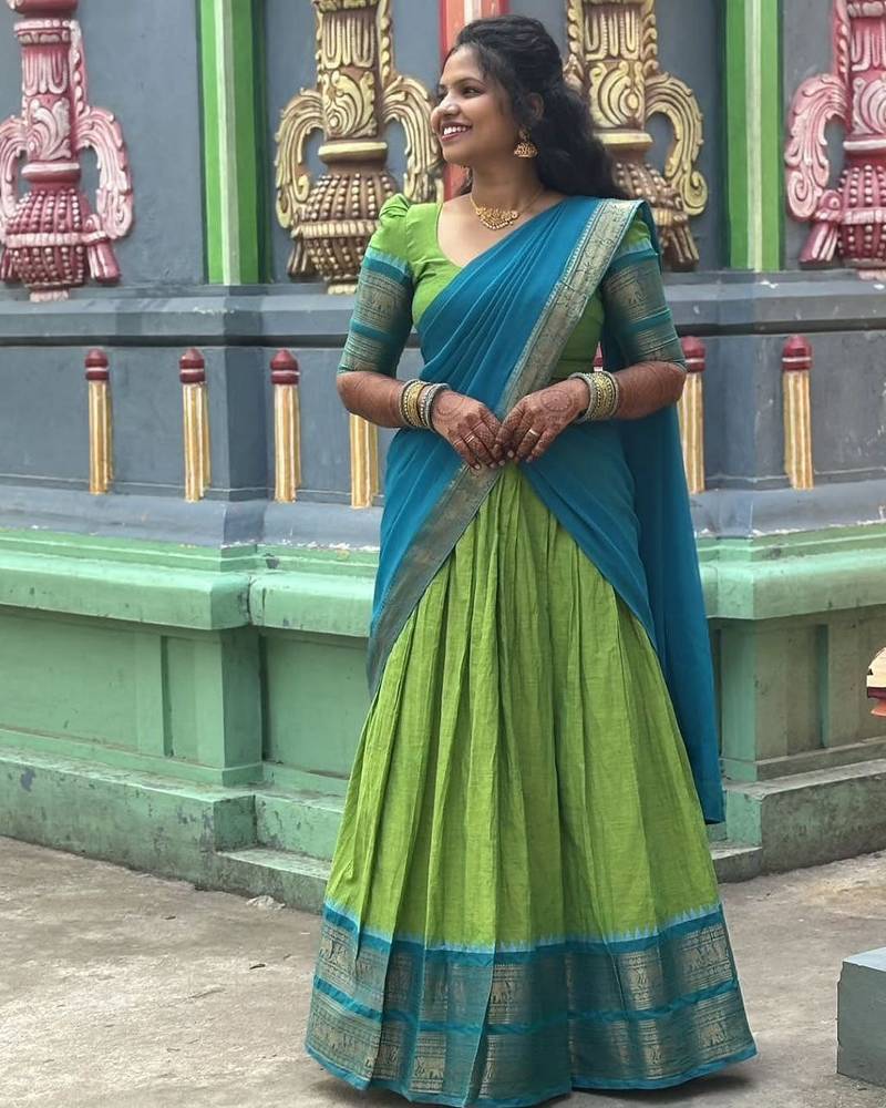 Parrot Green & Rama Blue Kanci Cotton Half Blend Lehenga Saree – Traditional Zari Weaving Langa Voni Set For Women's