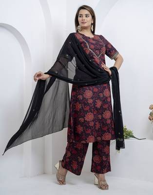 Women dark navy blue cotton round slight v neck with border deatiling at front label and sleeves   kurta set 5