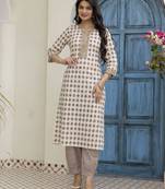 Women beige cotton neck has  detailing all work over has block print  border detailing  kurta set