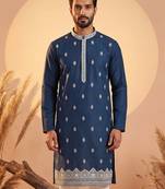 Mens silk blend blue solid embroidered calf length straight kurta