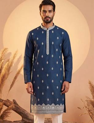 Mens silk blend blue solid embroidered calf length straight kurta 2