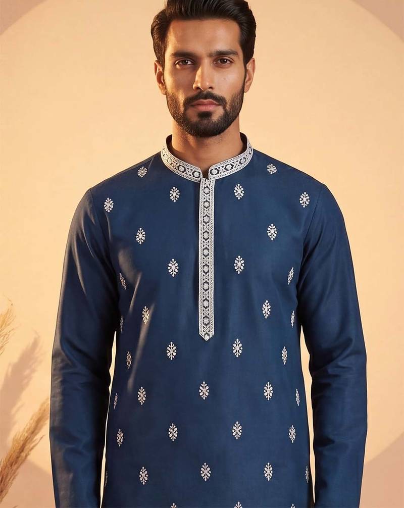 Mens silk blend blue solid embroidered calf length straight kurta