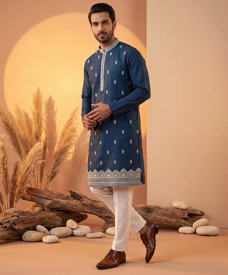 Mens silk blend blue solid embroidered calf length straight kurta