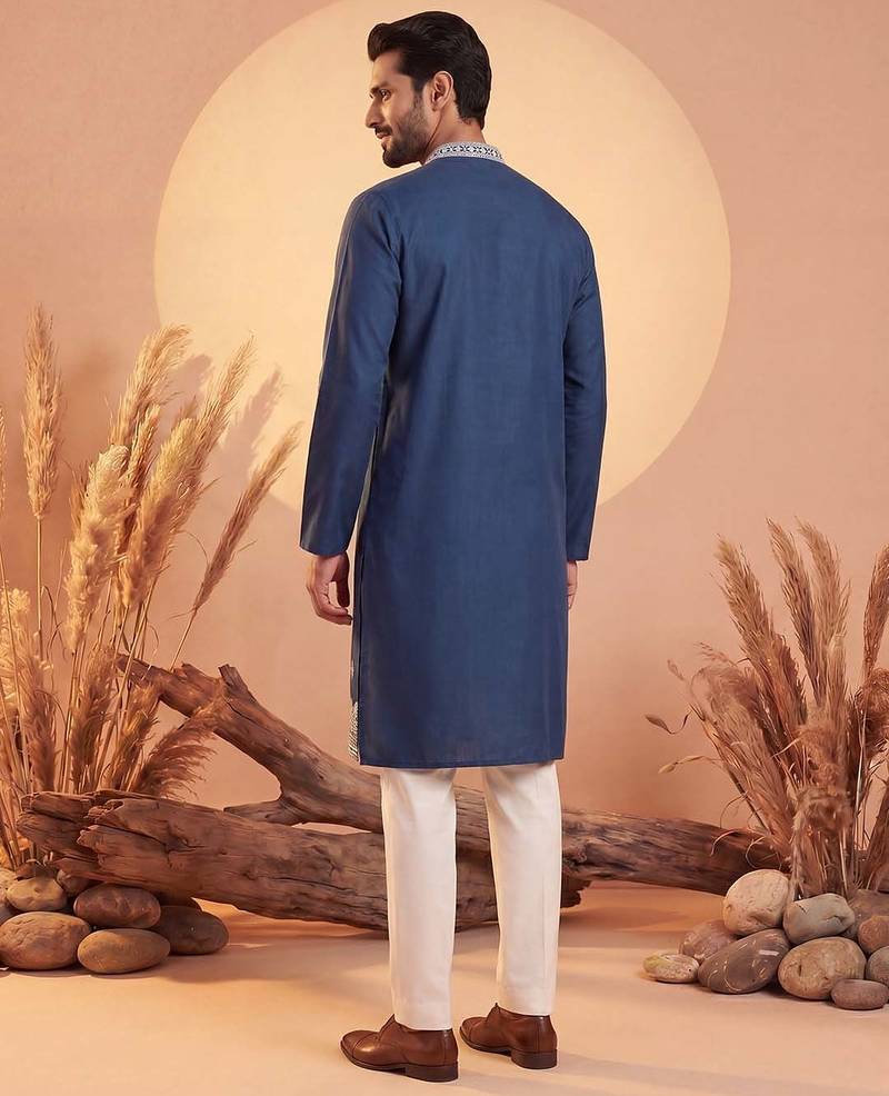 Mens silk blend blue solid embroidered calf length straight kurta