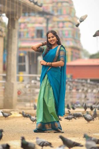 Olive Green & Rama Blue kanjivaram silk half blend lehenga saree with blouse and dupatta For Women's