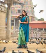 Olive Green & Rama Blue kanjivaram silk half blend lehenga saree with blouse and dupatta For Women's