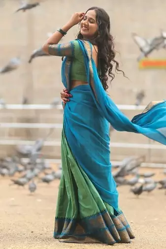 Olive Green & Rama Blue kanjivaram silk half blend lehenga saree with blouse and dupatta For Women's