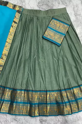 Olive Green & Rama Blue kanjivaram silk half blend lehenga saree with blouse and dupatta For Women's