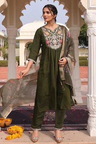 Women's cotton silk solid embroidered a-line kurta with pant dupatta