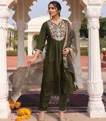 Women's cotton silk solid embroidered a-line kurta with pant dupatta