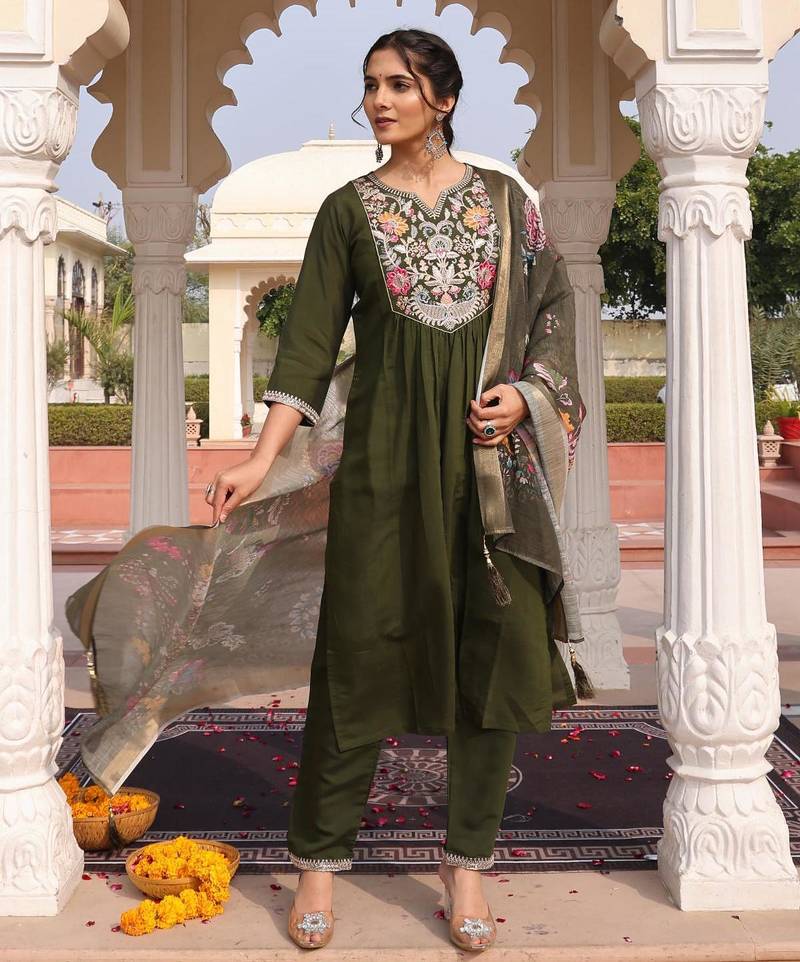 Women's cotton silk solid embroidered a-line kurta with pant dupatta