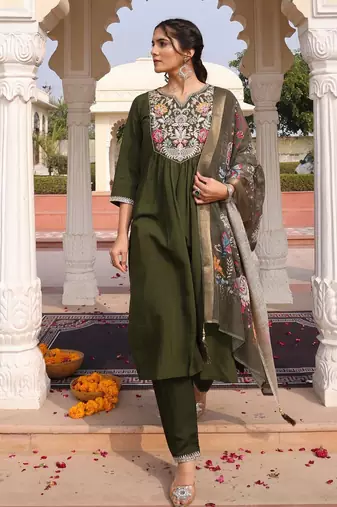 Women's cotton silk solid embroidered a-line kurta with pant dupatta