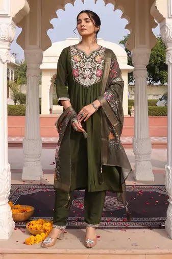 Women's cotton silk solid embroidered a-line kurta with pant dupatta