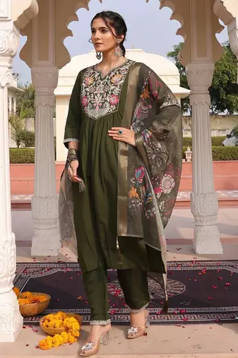 Women's cotton silk solid embroidered a-line kurta with pant dupatta