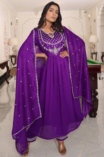 Women's soft silk solid embroidered flared kurta with pant dupatta