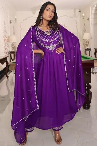 Women's soft silk solid embroidered flared kurta with pant dupatta
