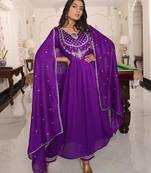 Women's soft silk solid embroidered flared kurta with pant dupatta