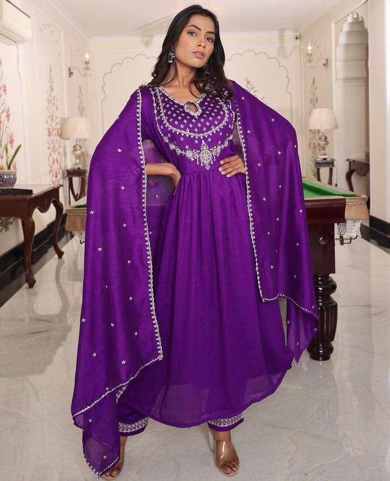 Women's soft silk solid embroidered flared kurta with pant dupatta